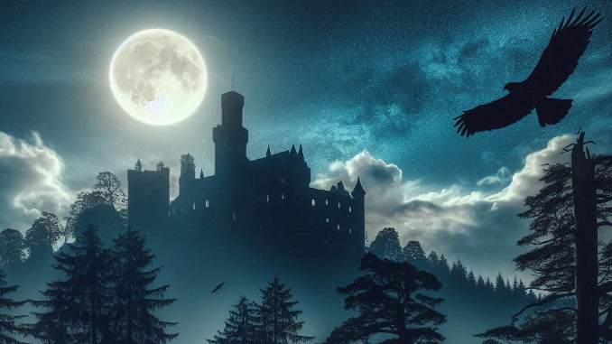 Vogel in hellem Mondlicht und die Konturen von Burgmauern